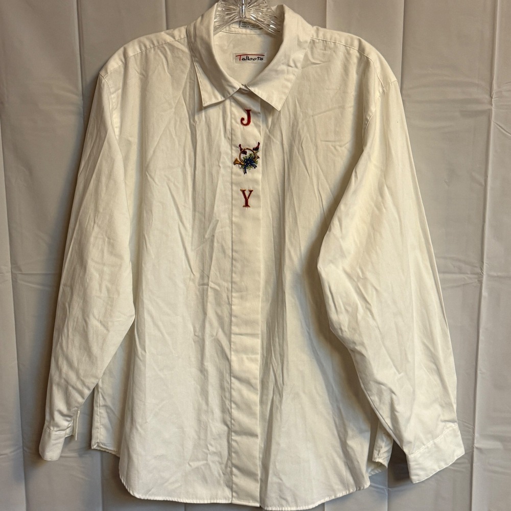 Talbots Womens White JOY Holiday Embroidered Long Sleeve Button‎ Down Shirt L